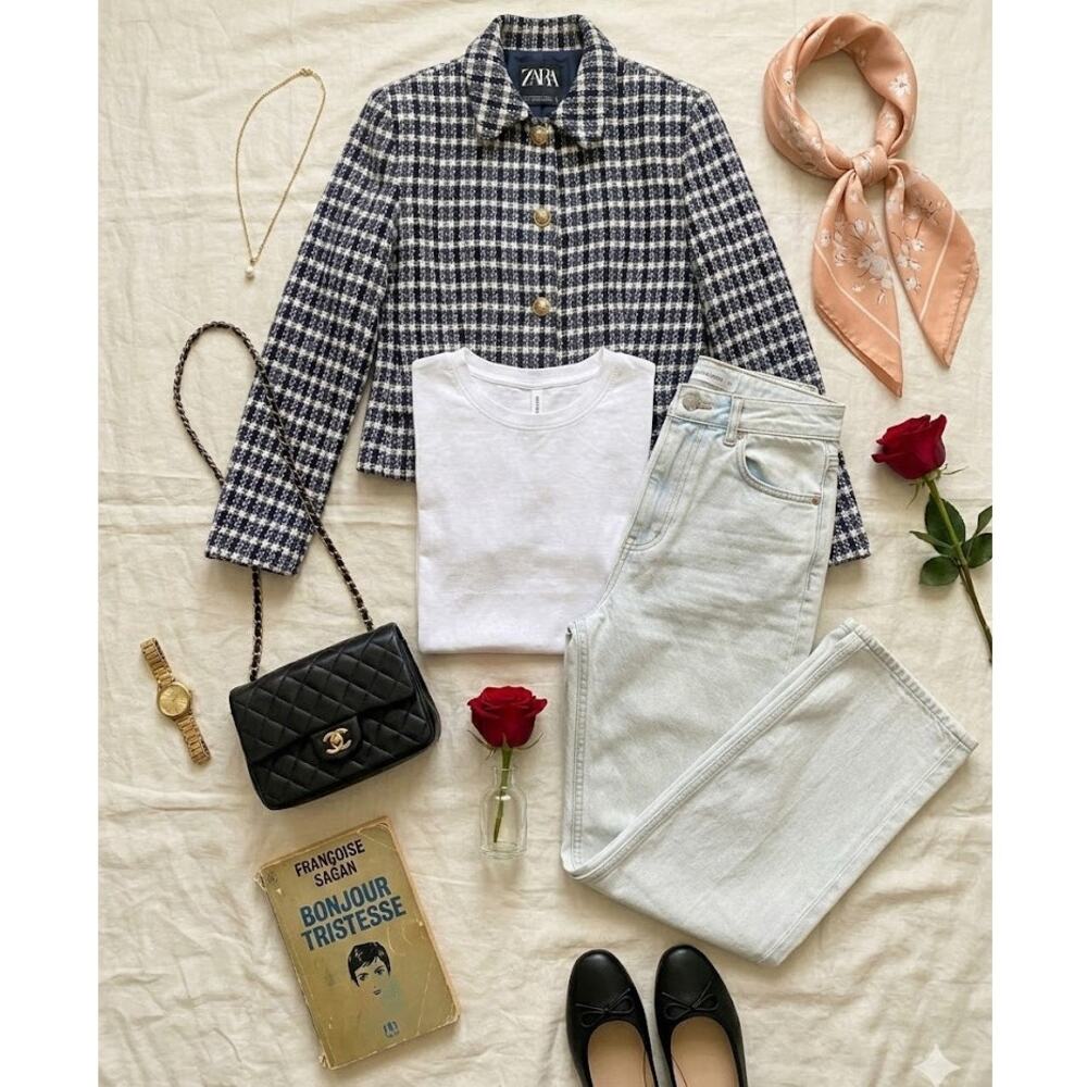 Zara Navy Blue White Tweed Crop Lady Jacket Large Button Front Heritage Style